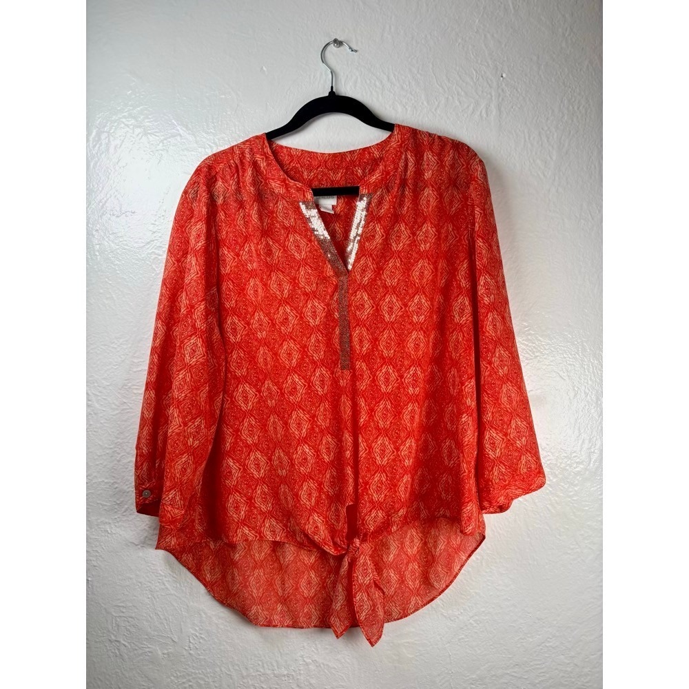 Chico's Blouse Large Orange Geometric Sequin Tie Front Airy Boho Shabby Chic‎